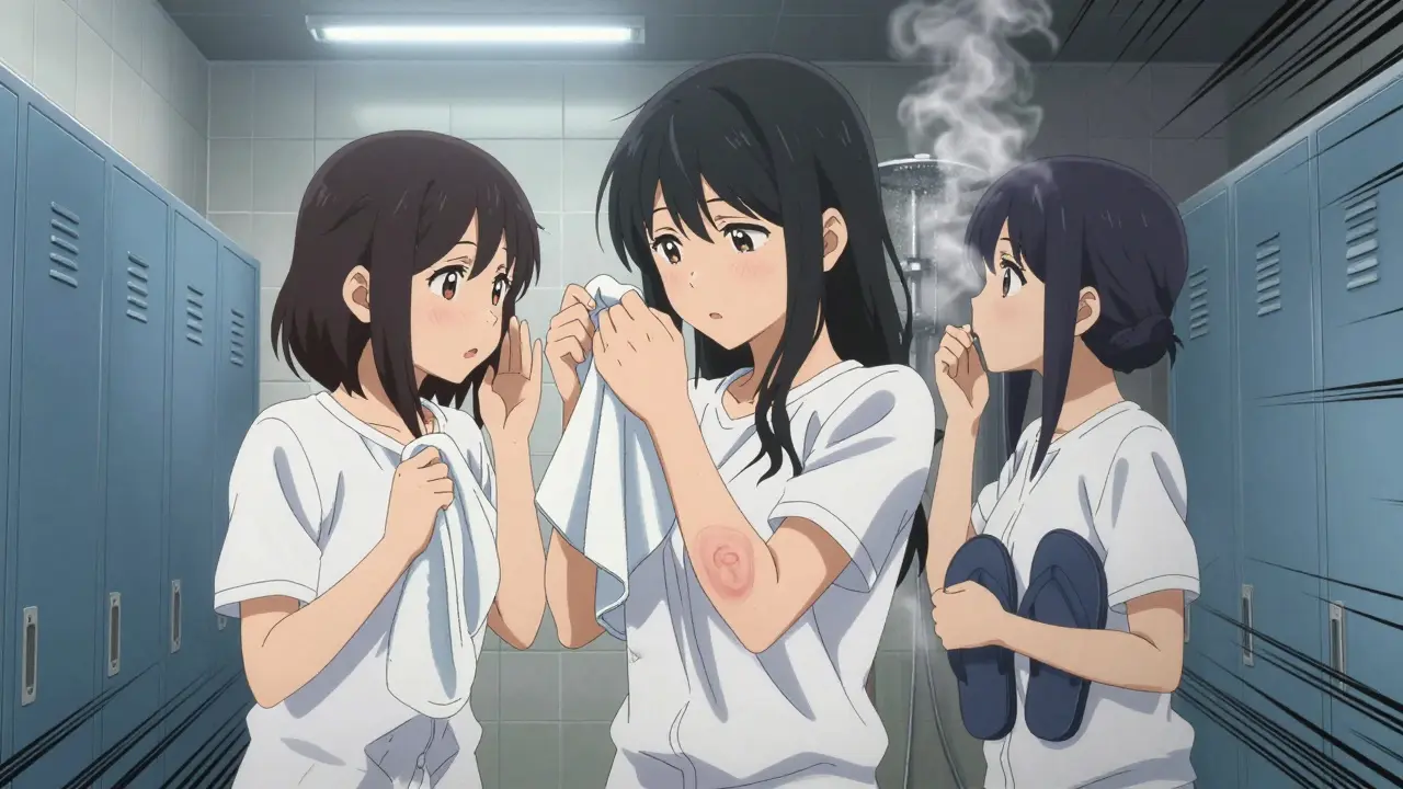 Drei Teenager in einer Umkleidekabine, eines zeigt einen Ringworm-Ausschlag, andere halten Handtücher und Flip-Flops.