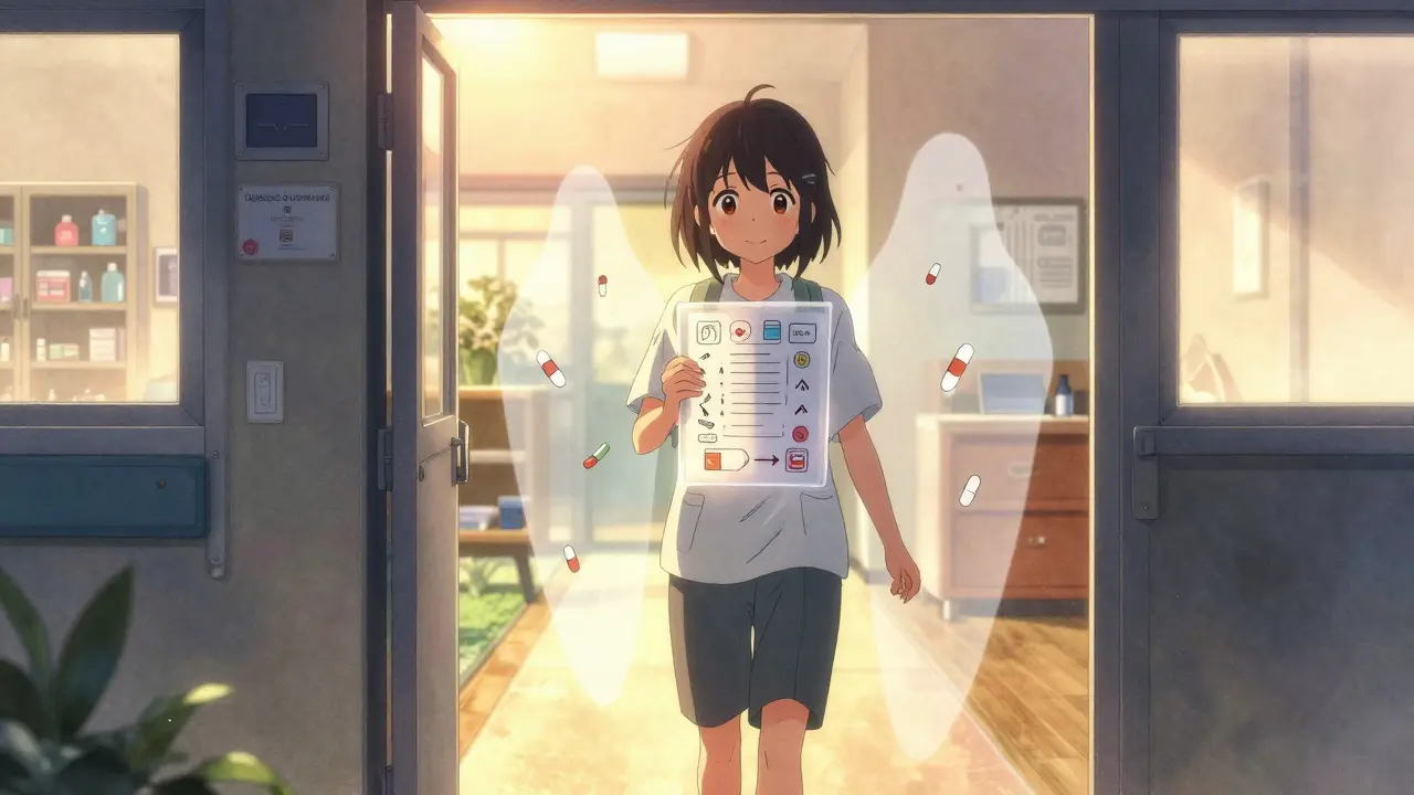 Ein Patient verlässt das Krankenhaus mit einer klaren Medikationsliste, während vergangene Fehler in Licht aufgelöst werden, vor einem hellen Heimweg.