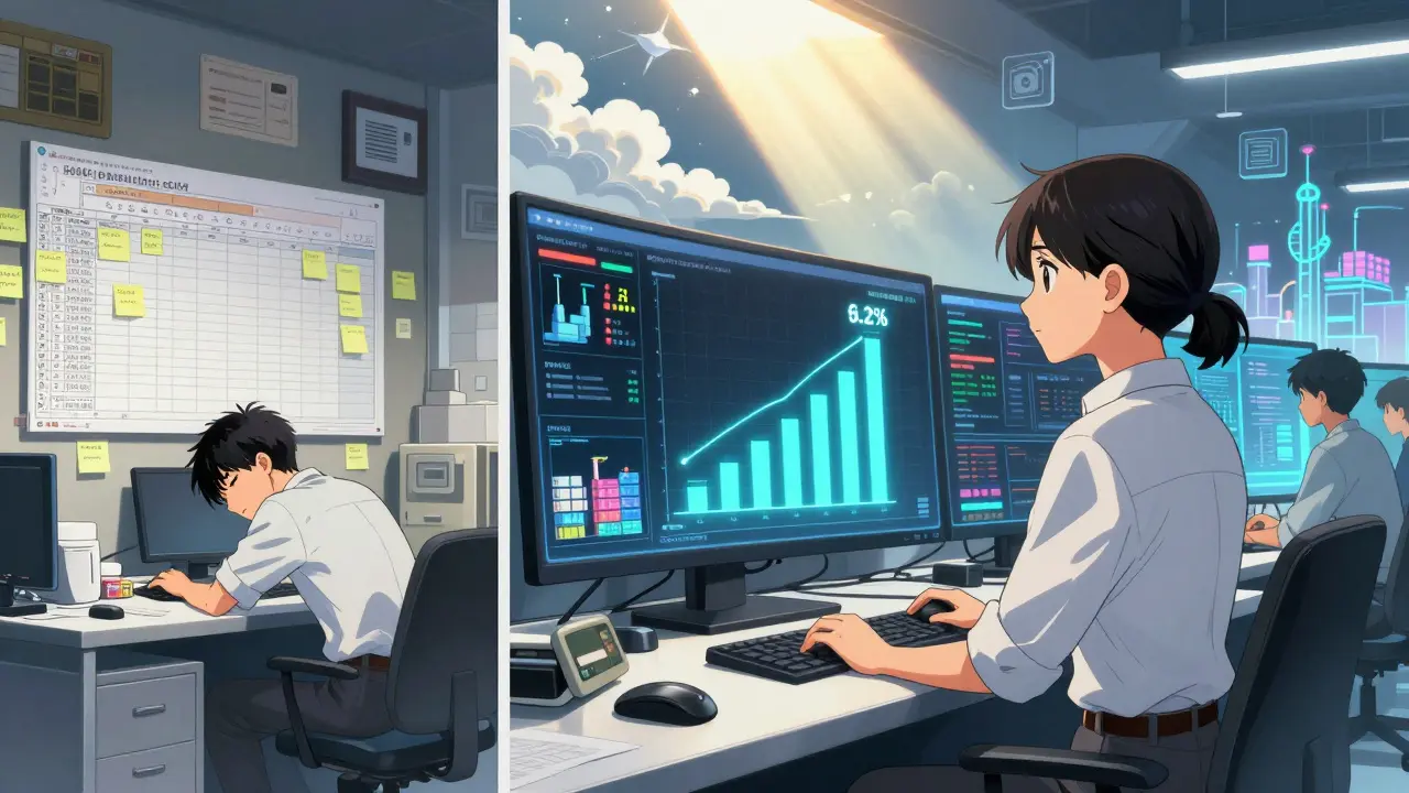 Ein Vergleich: links eine veraltete Büroarbeit mit Excel, rechts eine moderne, digitale Logistikzentrale mit Echtzeit-Datenströmen und steigender Gewinnspanne.