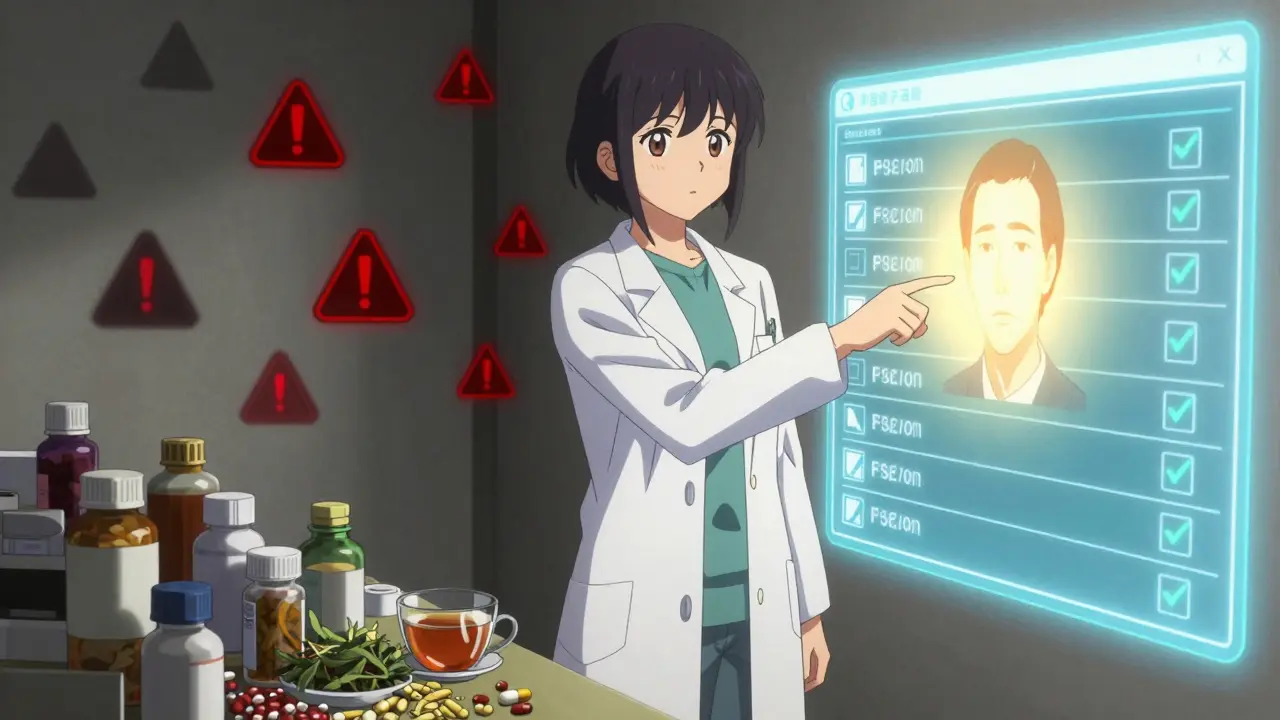 Eine Apothekerin steht zwischen Chaos aus Pillen und einer klaren digitalen Medikationsliste, während sie einen Patienten beruhigt.