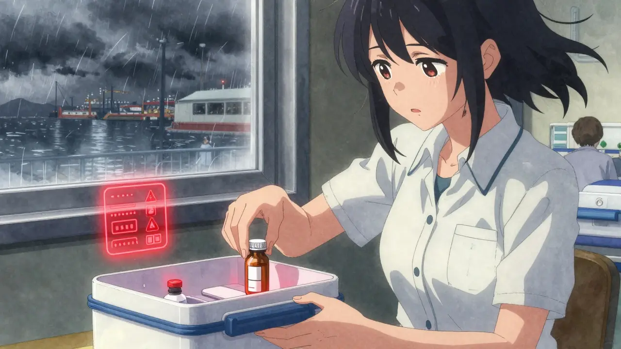 Eine Frau legt vorsichtig ein temperatursensibles Medikament in einen Kühllaster, während Warnsignale von Sensoren blinken und ein Sturm draußen tobt.