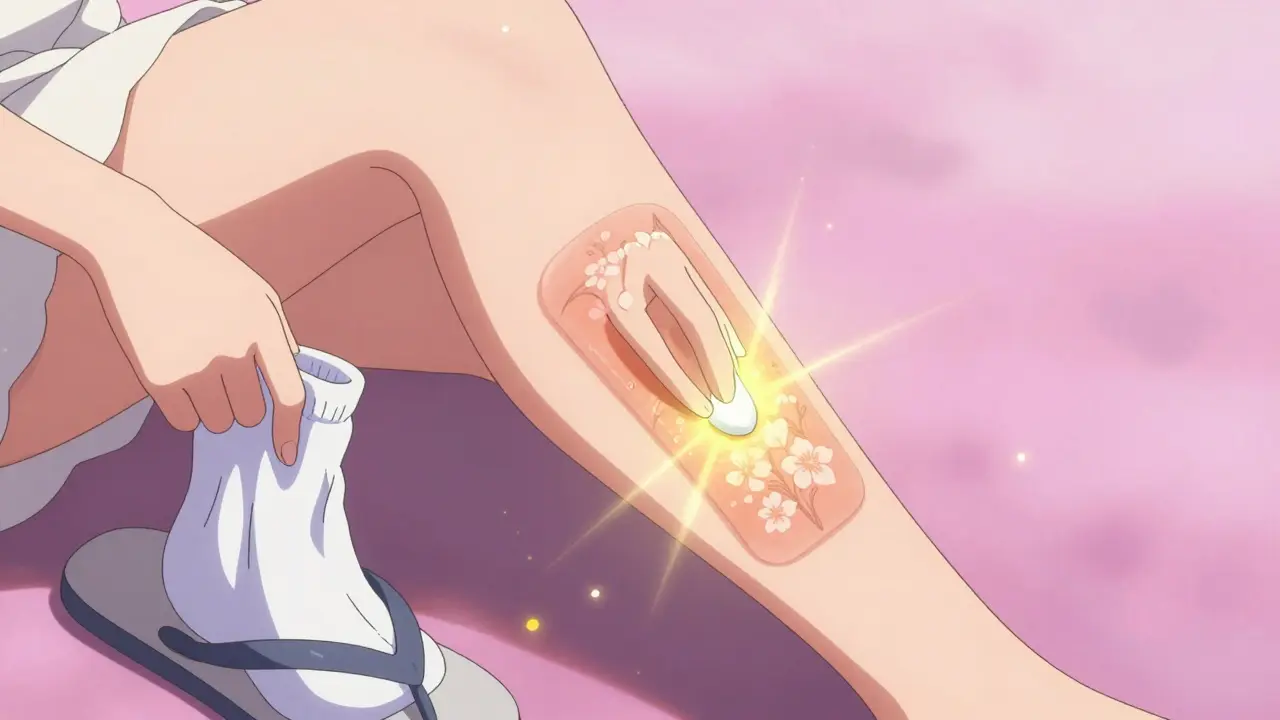 Eine junge Frau appliziert Creme auf eine heilende Hautstelle, goldenes Licht strahlt aus der Creme, Blumenmuster wachsen hervor.