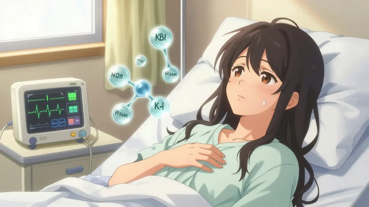 Frau im Krankenhaus, Elektrolyte schweben um sie, Herzmonitor zeigt stabile Werte.
