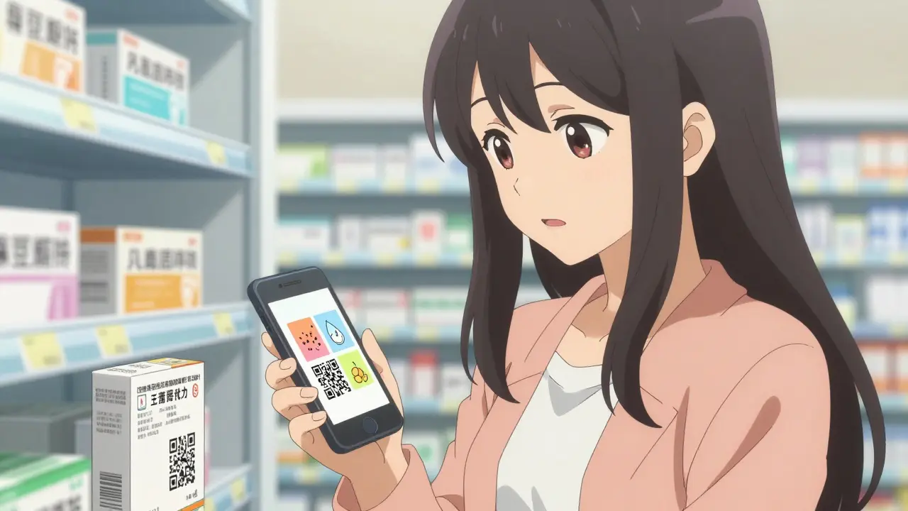 Frau scannt QR-Code auf Medikamentenverpackung mit Smartphone