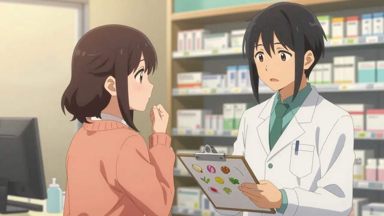 Frau spricht mit Apotheker über Medikamenten-Allergene