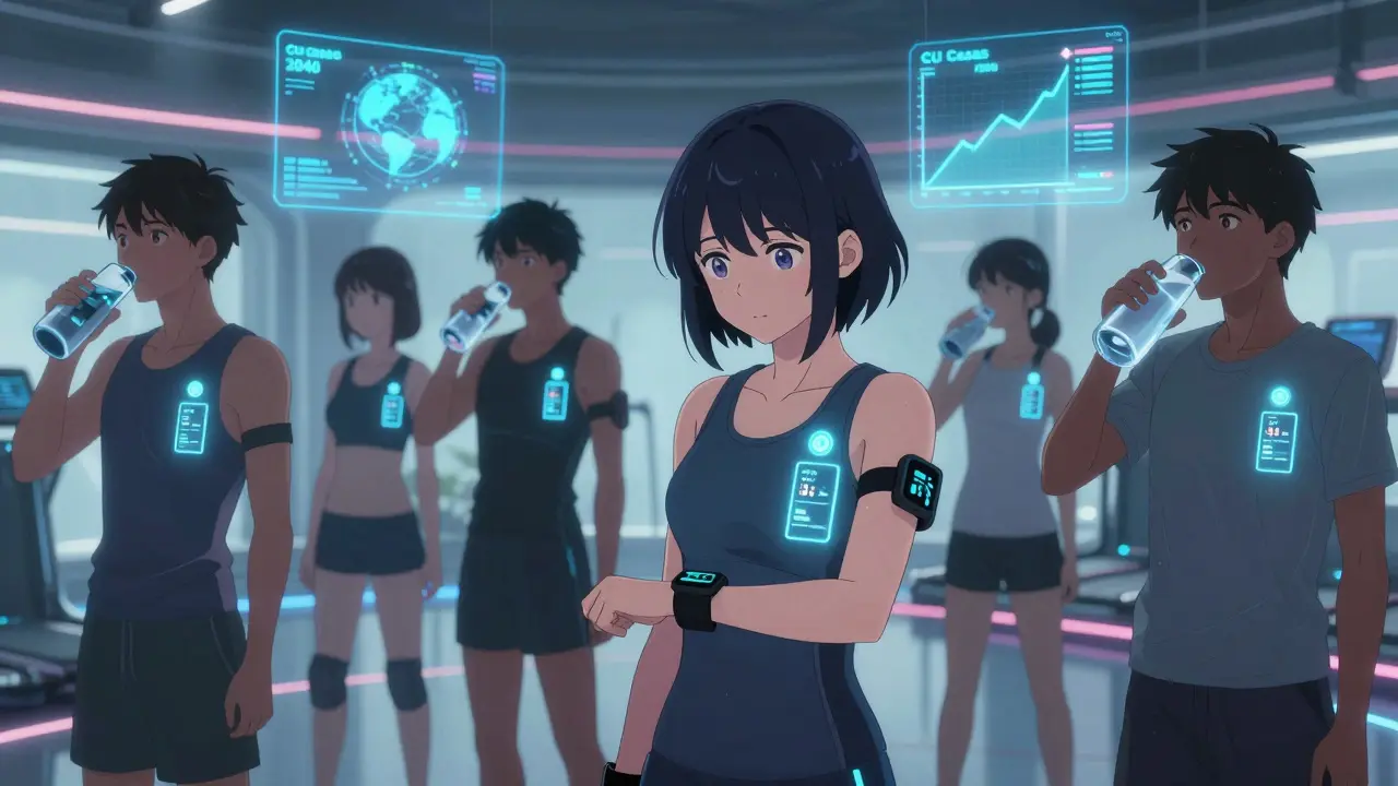 Gruppe junger Menschen in smarter Kleidung in einer klimatisierten Fitnessumgebung, digitale Temperaturanzeige im Hintergrund.