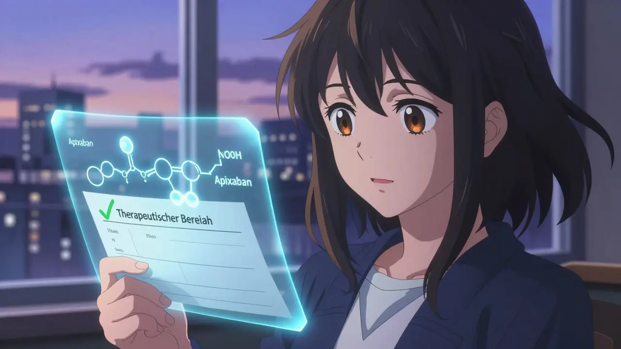 Hand hält Bluttest mit grünem Haken, holografische Apixaban-Moleküle leuchten, Hintergrund: Stadtlandschaft bei Dämmerung.