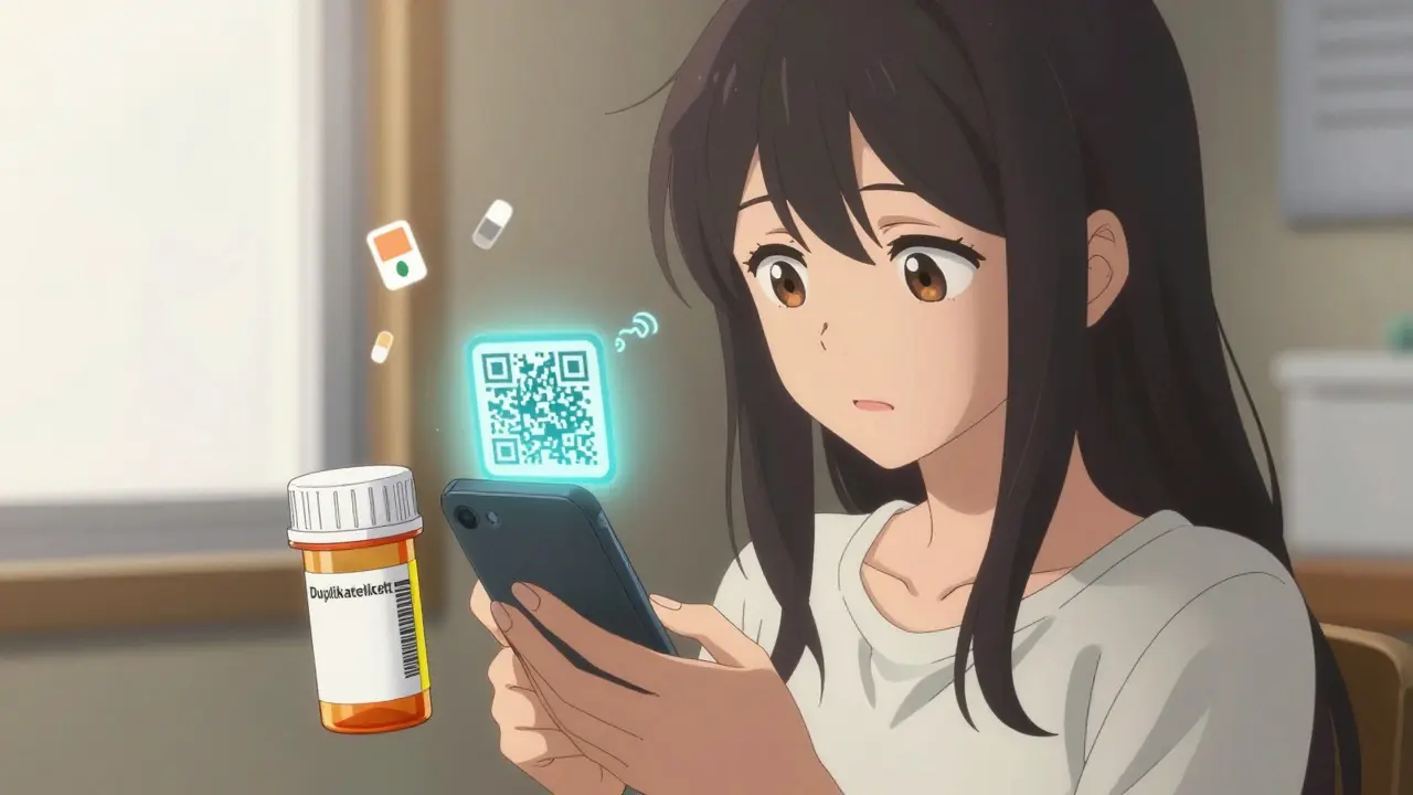 Junge Frau scannt einen QR-Code an einer Medikamentenflasche mit einem Smartphone, ein gelbes Duplikatetikett ist sichtbar.