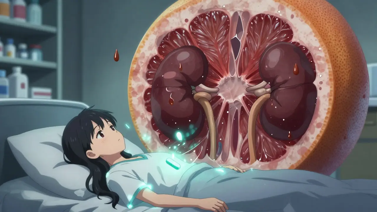 Mädchen mit Statin-Pille, riesige Grapefruit zerstört Muskeln und Nieren.