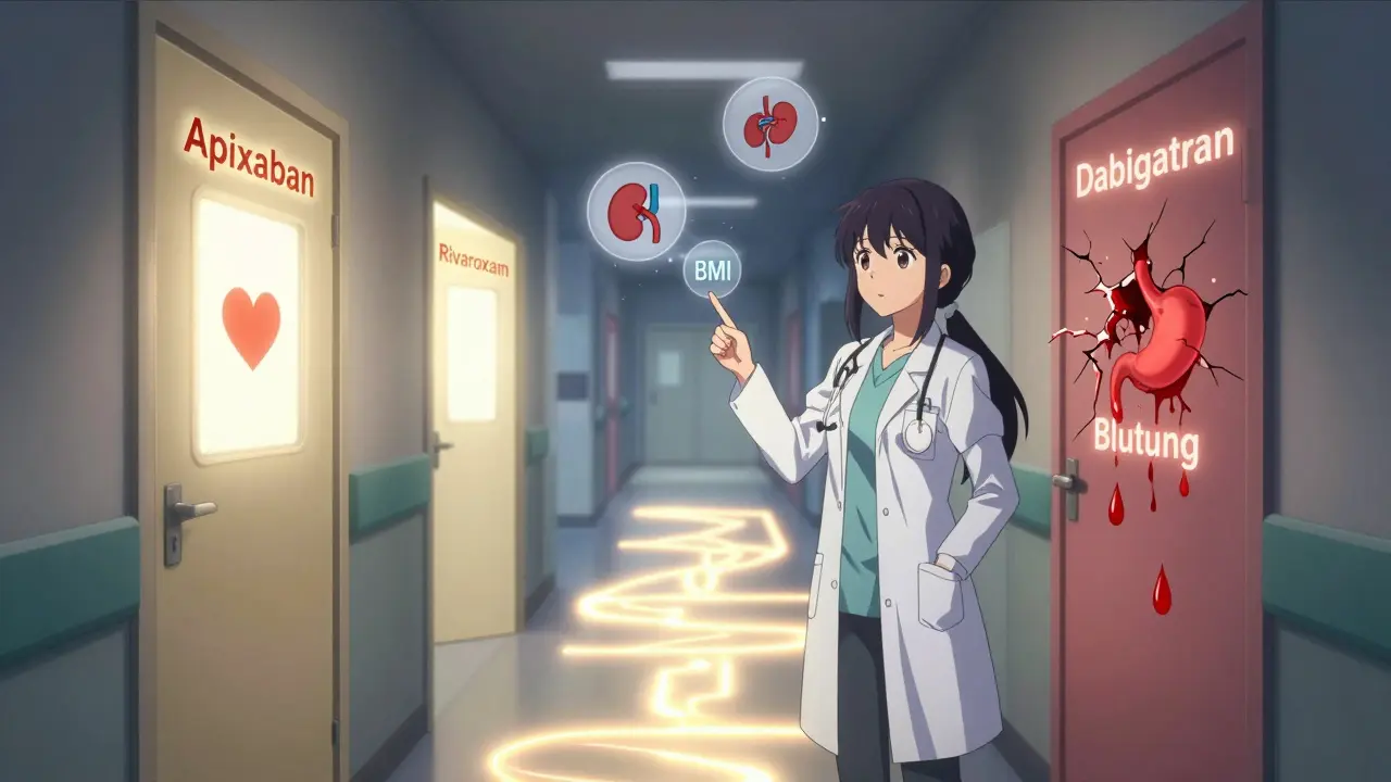 Medizinischer Pfad mit drei Türen: Apixaban leuchtet sicher, Dabigatran leckt rot, Rivaroxaban stabil – Ärztin zeigt auf die sichere Option.