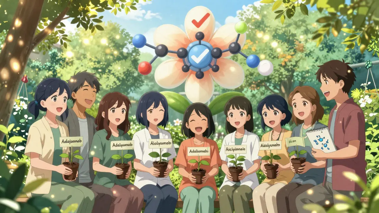 Patienten pflegen Pflanzen in einem Garten, über ihnen blüht ein molekulares Symbol der Sicherheit.