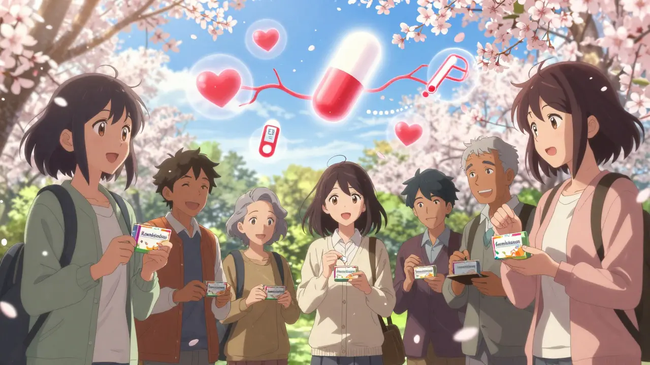 Senioren nehmen in einem Park eine einzige Pille ein, während symbolische Herz- und Blutzuckersymbole über ihnen schweben.