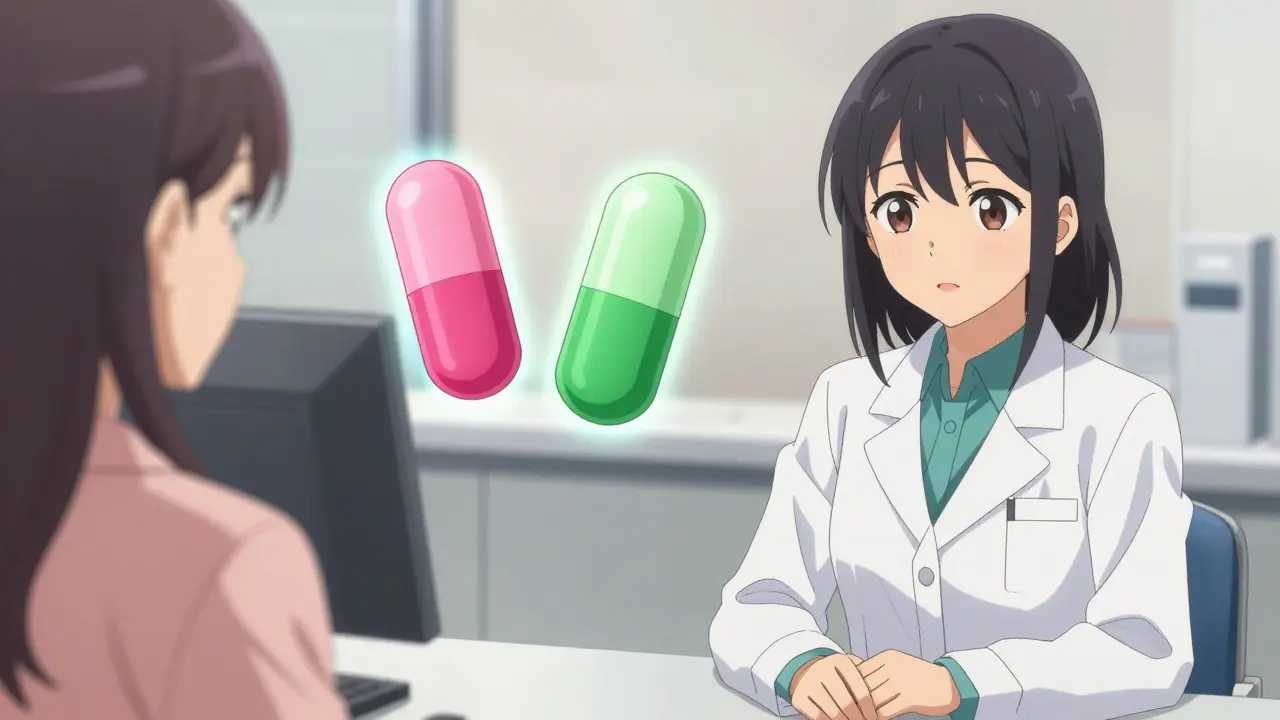 Apothekerin erklärt visuell Unterschiede bei generischen Medikamenten vor.