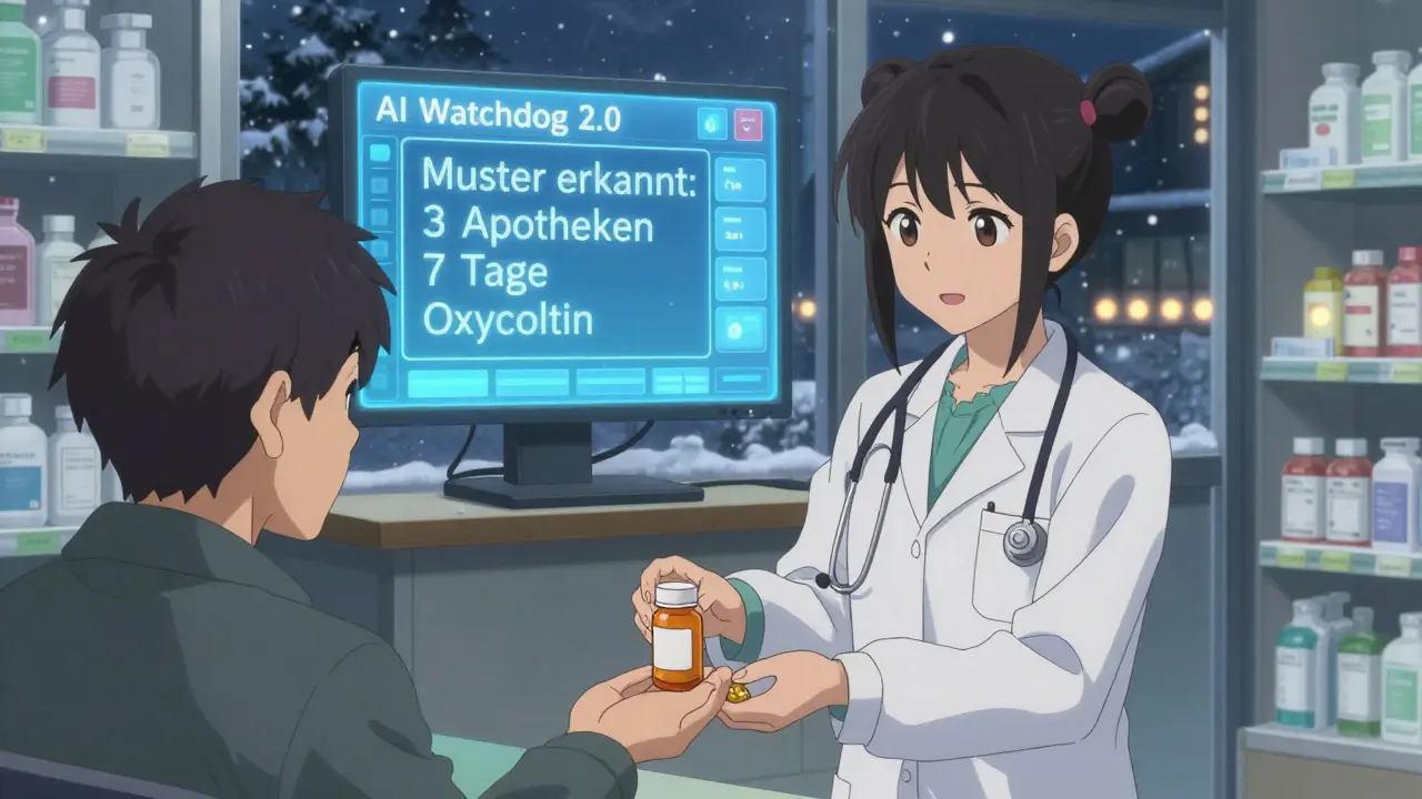 Apothekerin gibt einem Patienten ein Medikament aus, während eine KI-Warnung auf einem Bildschirm hinter ihr leuchtet.