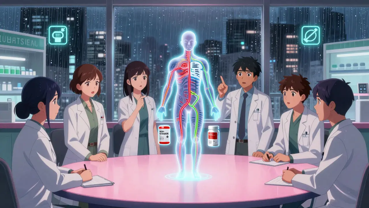 Apothekerinnen analysieren eine 3D-Darstellung von Medikamenteninteraktionen an einem leuchtenden Tisch.