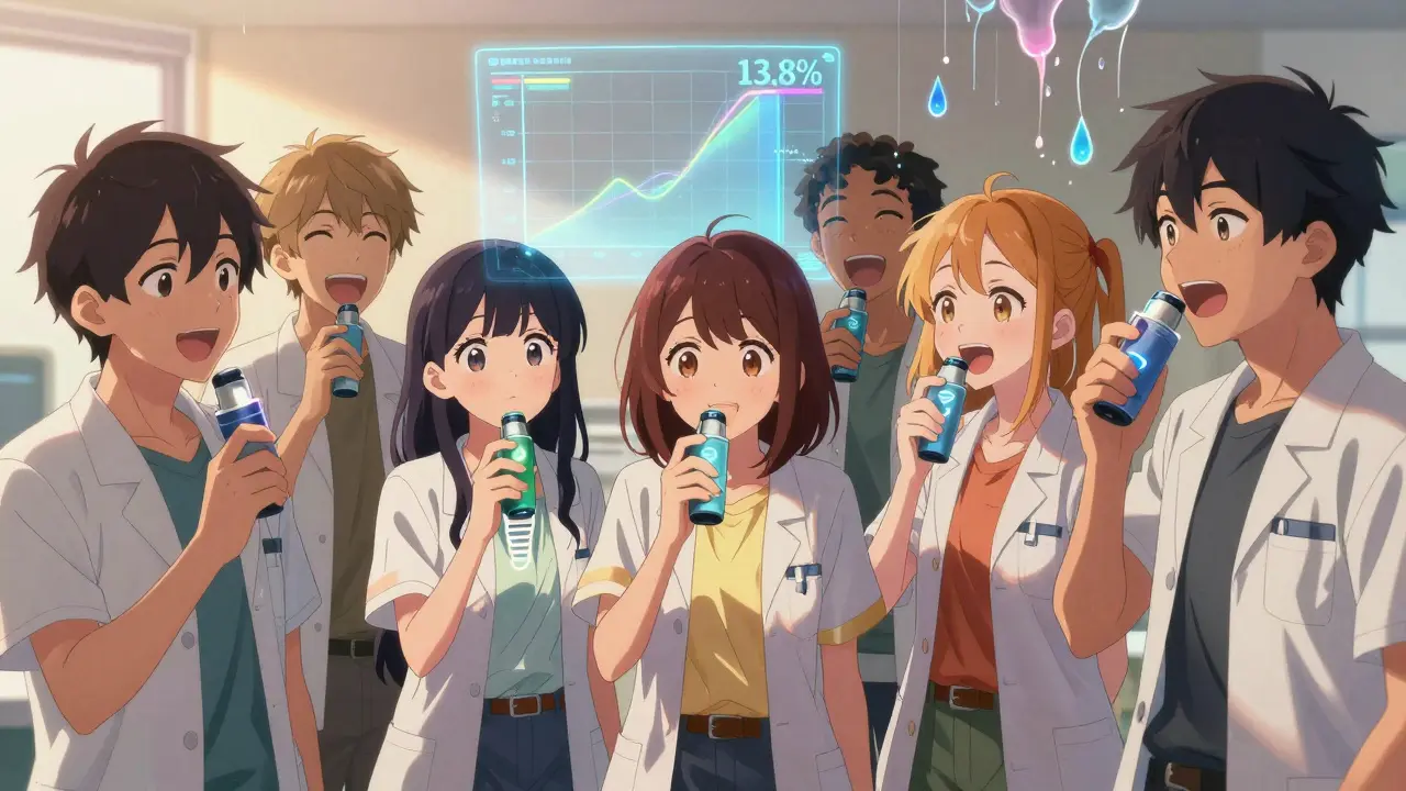 Drei Jugendliche in einer ZF-Klinik, die mit leuchtenden Inhalatoren lachen, während hinter ihnen ein digitales Diagramm die Verbesserung ihrer Lungenfunktion zeigt.