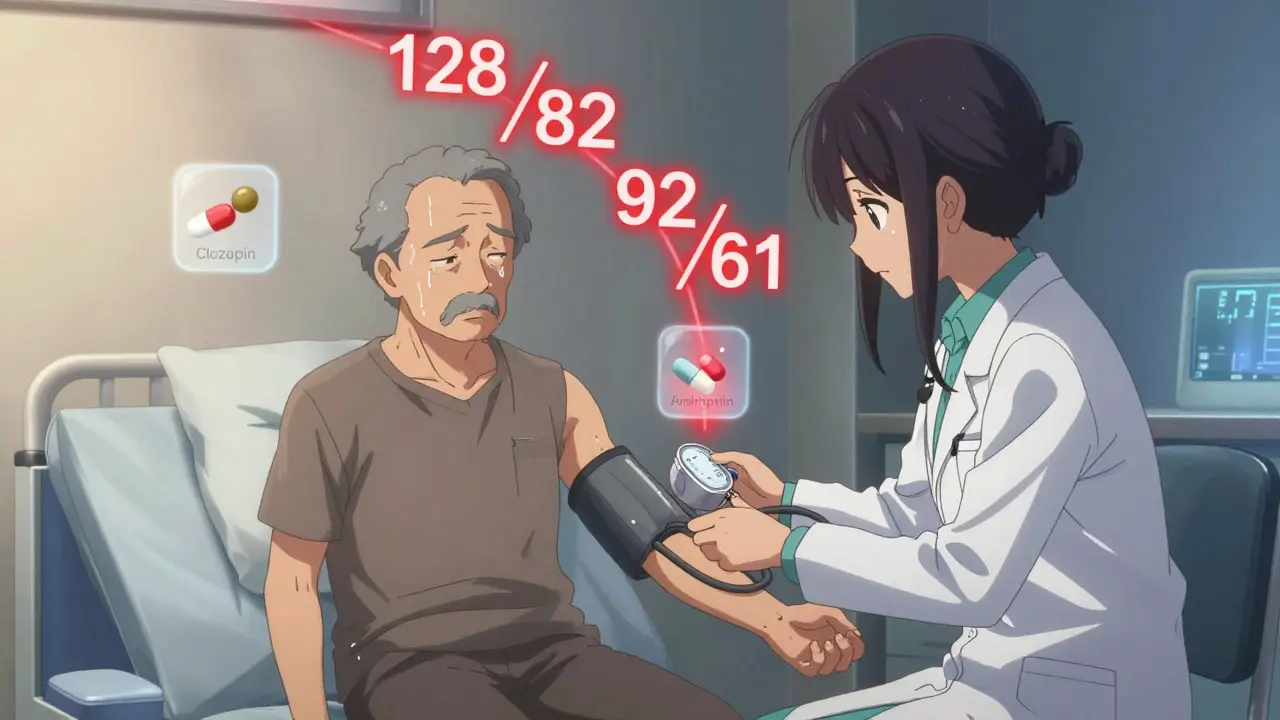 Ein Arzt misst den Blutdruck einer Patientin im Stehen, Blutdruckwerte fallen dramatisch.