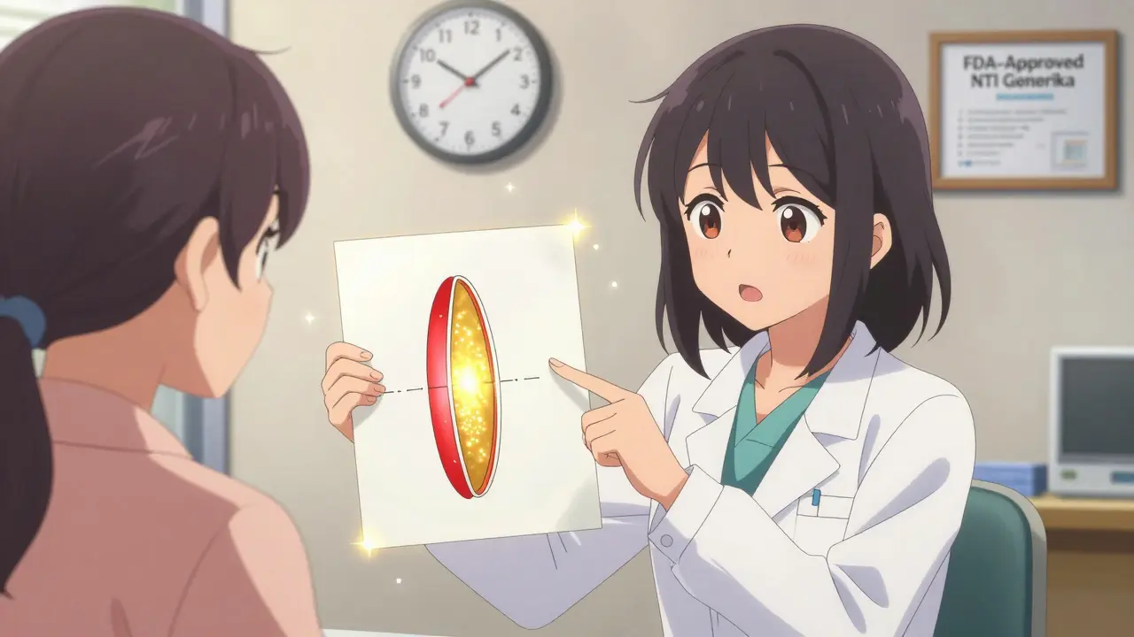 Eine Ärztin zeigt einem Patienten ein Diagramm des therapeutischen Fensters bei NTI-Medikamenten.