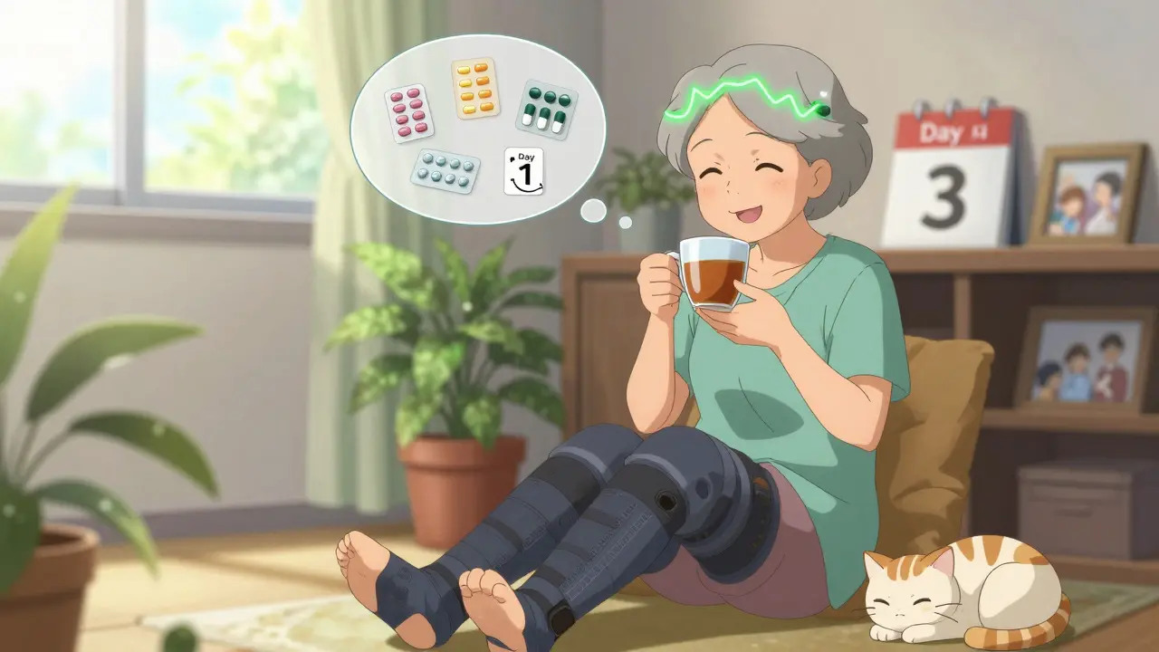 Eine Frau lächelt, trägt Kompressionsstrümpfe und hat ihre Medikamente überprüft.