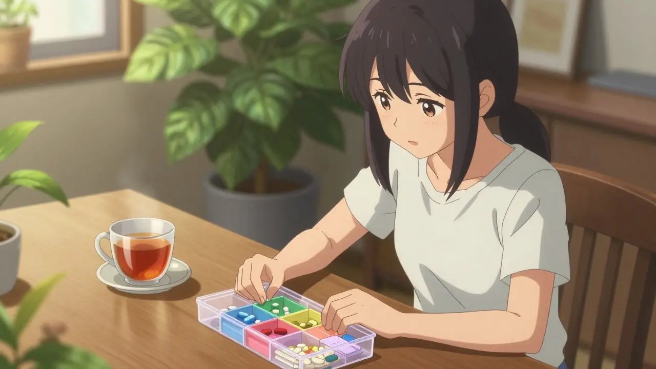 Eine Frau organisiert ihre Medikamente sicher in einer wöchentlichen Box.