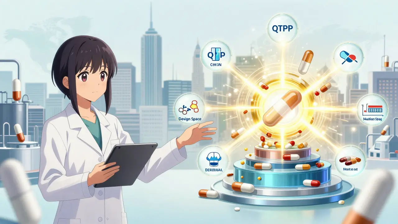 Eine Tablette verwandelt sich in ein hochentwickeltes Medikament, umgeben von wissenschaftlichen QbD-Elementen.