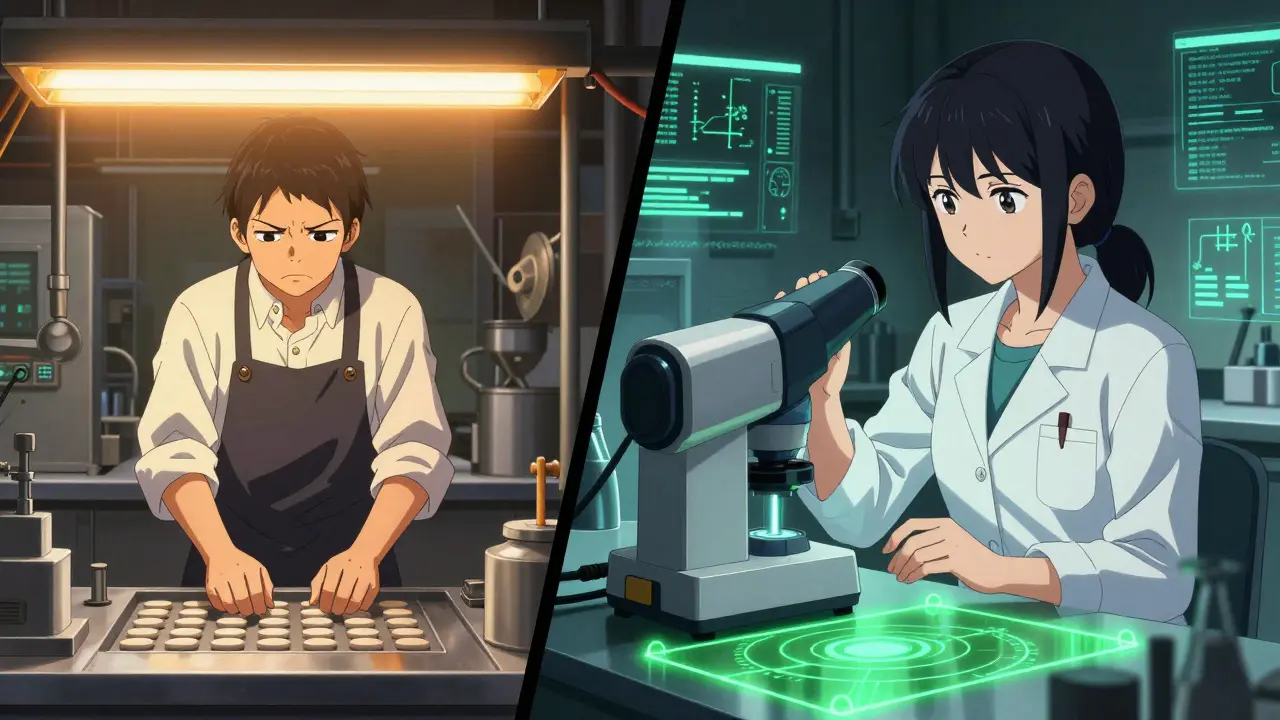 Kontrast zwischen traditioneller Tablettenproduktion und moderner QbD-Technologie in einem anime-stilisierten Panel.