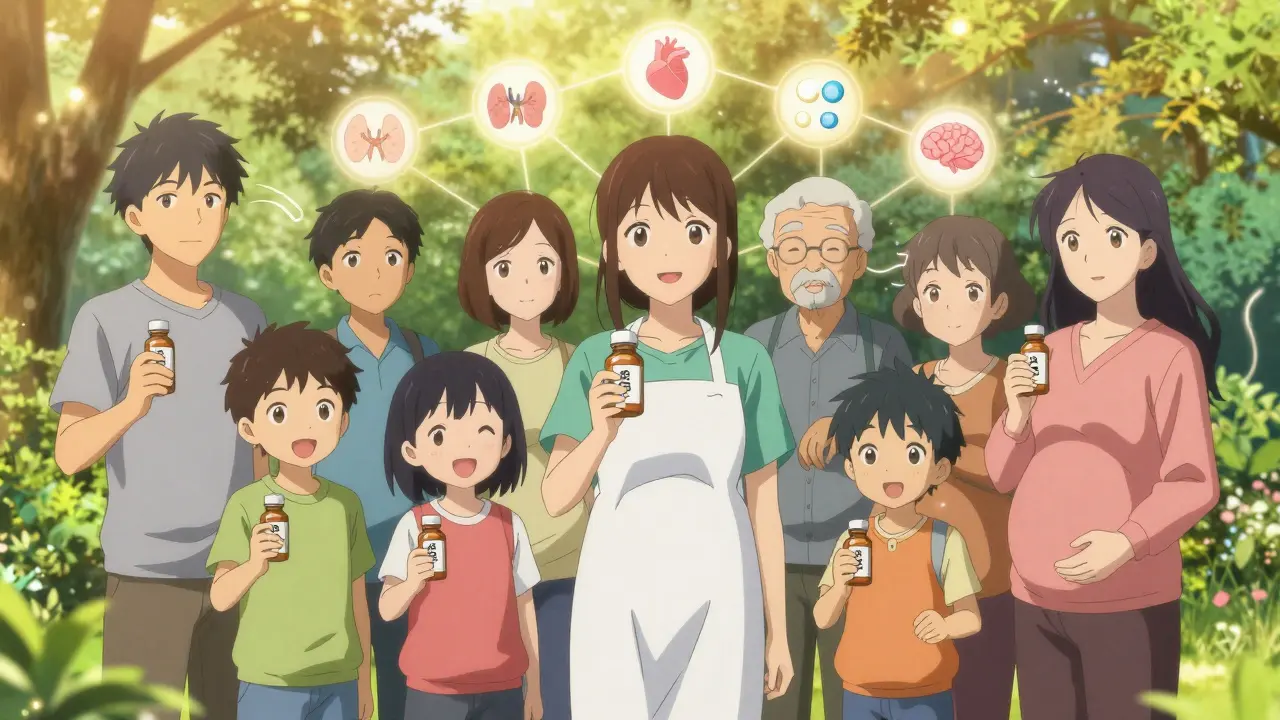 Verschiedene Patienten halten Medikamente mit AB-Code, goldenes Netz aus Sicherheit und Vertrauen verbindet sie.