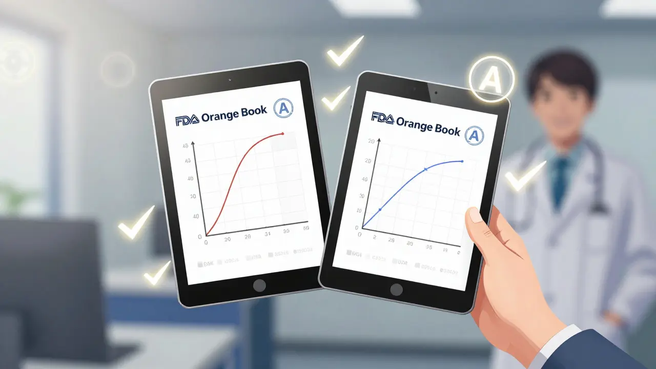 Zwei Tabletten mit übereinstimmenden Bioäquivalenz-Kurven und FDA Orange Book A-Code in einem animehaften Stil.