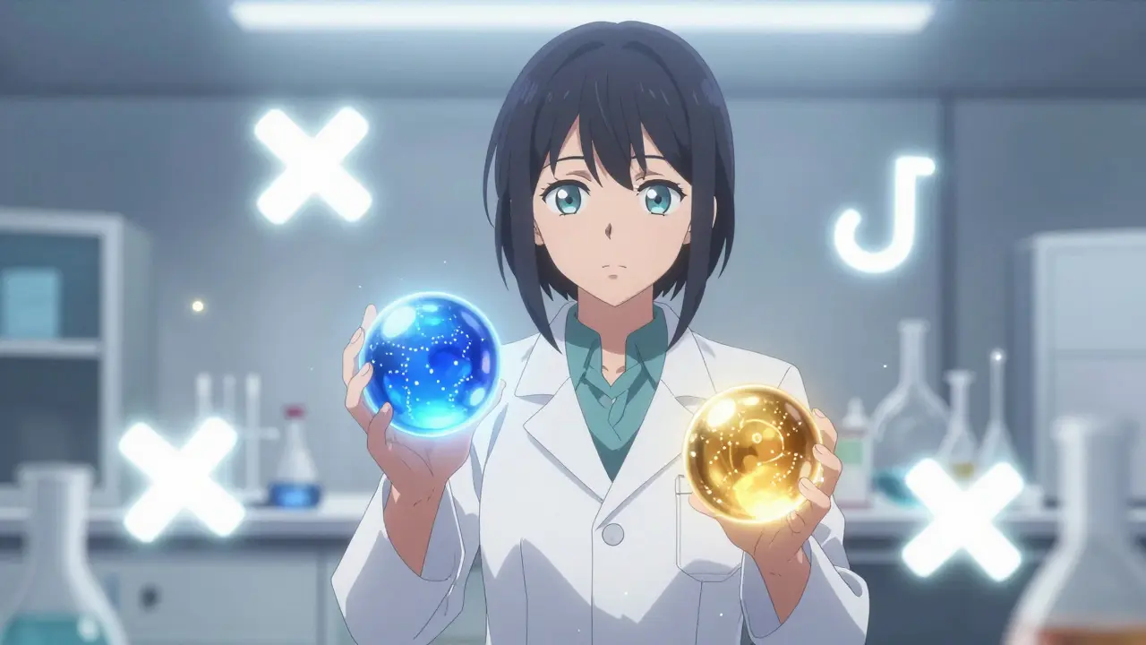 Anime-Apothekerin, die zwei leuchtende Wirkstoffe kombiniert, um eine multiplikative Wirkung zu erzielen.