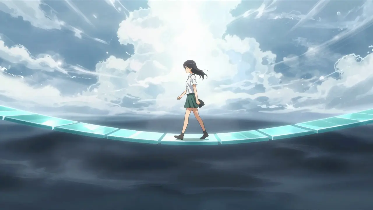 Anime-Figur auf einer leuchtenden Brücke, die emotionale Stabilität symbolisiert.