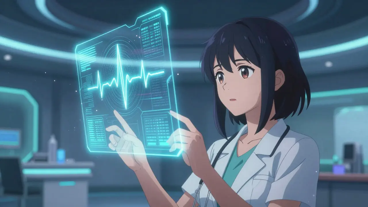Anime-Frau analysiert Gesundheitsdaten an einem futuristischen Hologramm-Interface.