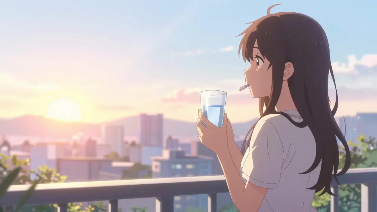 Anime-Frau bei Sonnenaufgang, die ihre Medikamente mit Wasser einnimmt.