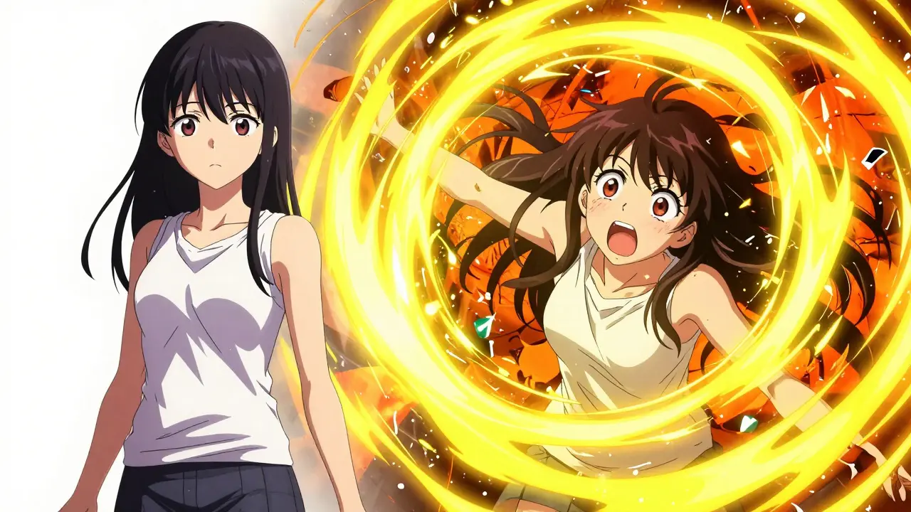 Anime-Illustration eines plötzlichen Umschlags in eine manische Phase mit chaotischer Energie.