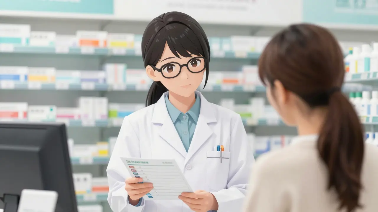 Eine Apothekerin berät eine junge Frau in einer hellen Apotheke über sichere Medikamente.