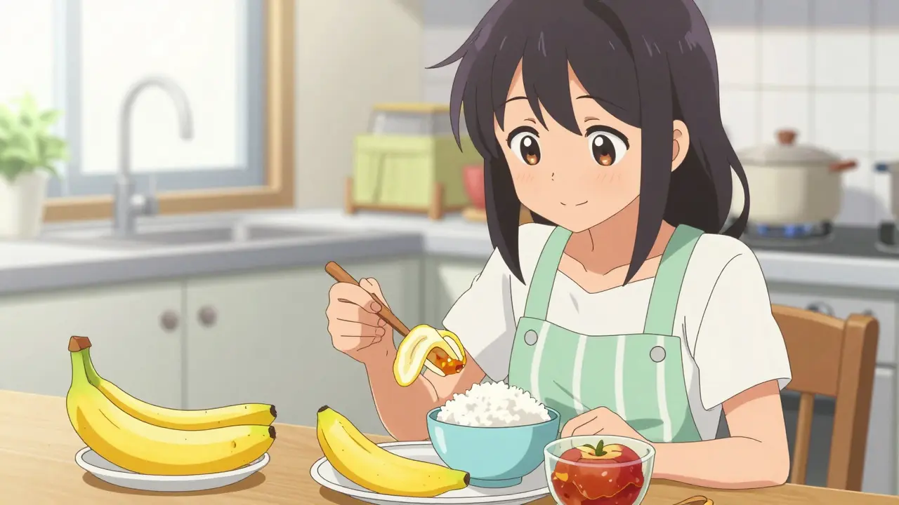 Eine Frau bereitet eine BRAT-Diät mit Banane, Reis und Apfelmus vor.