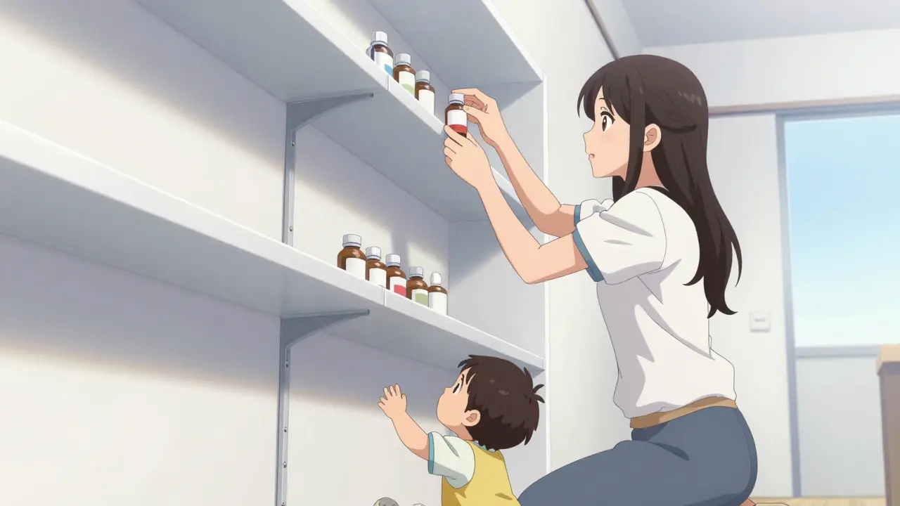 Eine Mutter stellt Medikamente sicher in einen hohen Schrank.
