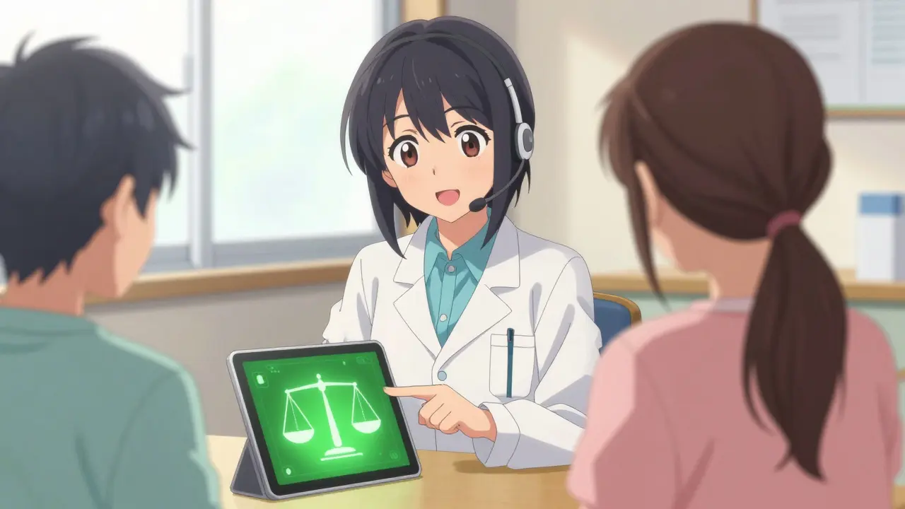 Freundliche Anime-Apothekerin erklärt die sichere Dosierung von Medikamenten.