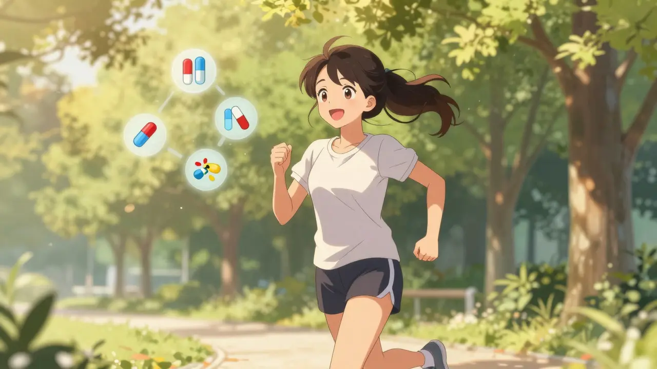 Fröhliche Anime-Frau beim Joggen im Park, die für eine gesteigerte Lebensqualität durch optimierte Therapie steht.