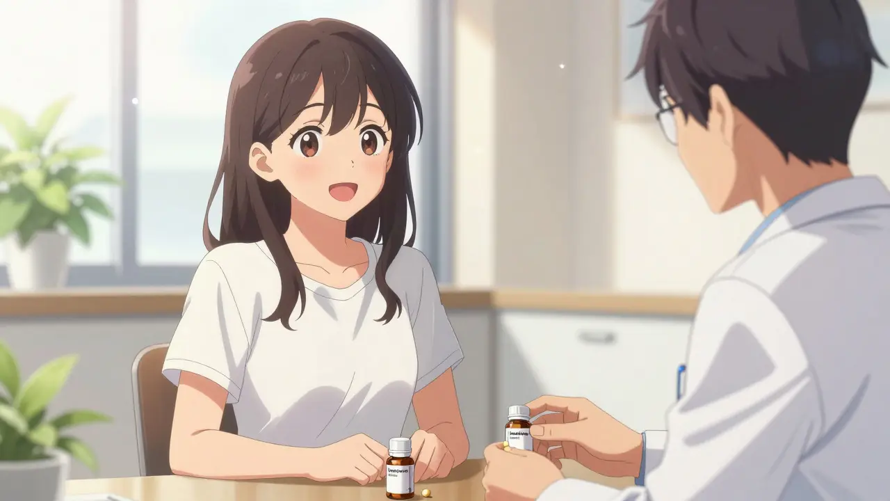 Glückliche junge Frau in einer hellen Arztpraxis bei der Besprechung ihrer Therapie.