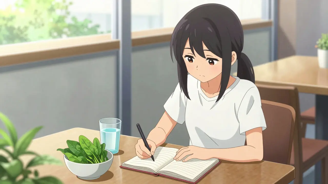 Junge Frau im Anime-Stil notiert ihre Ernährung in einem Tagebuch während eines Frühstücks.