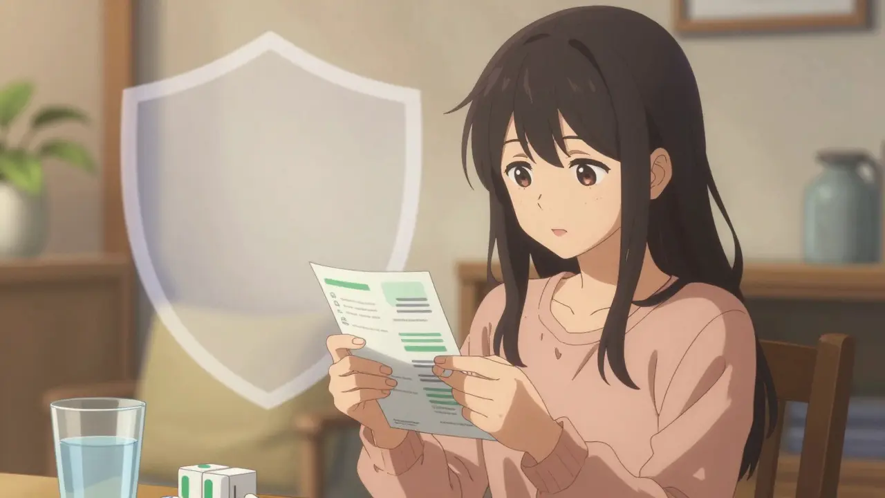 Junge Frau liest aufmerksam die Packungsbeilage ihrer Medikamente.