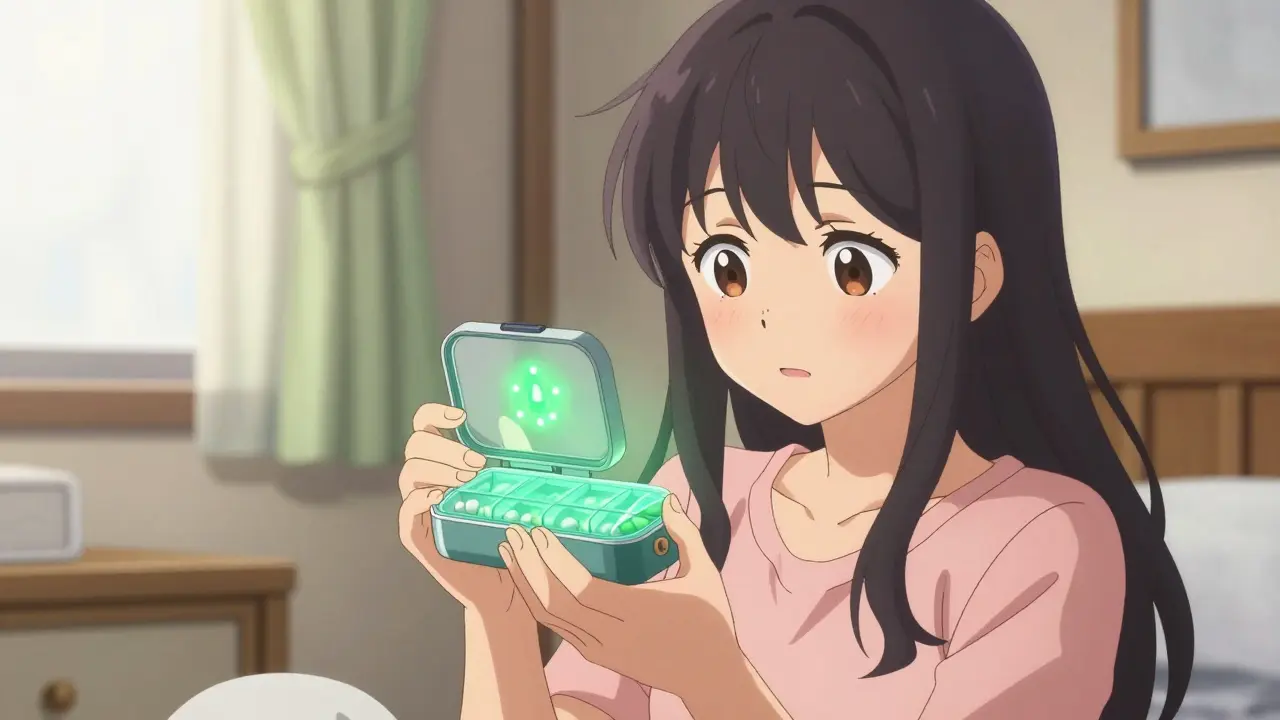 Junges Anime-Mädchen nutzt eine smarte Pillendose mit grünem LED-Licht.