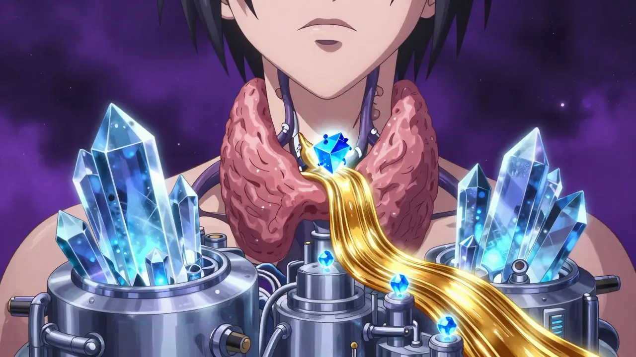 Konzeptuelle Anime-Darstellung der Schilddrüse als blockierte Kristallfabrik.