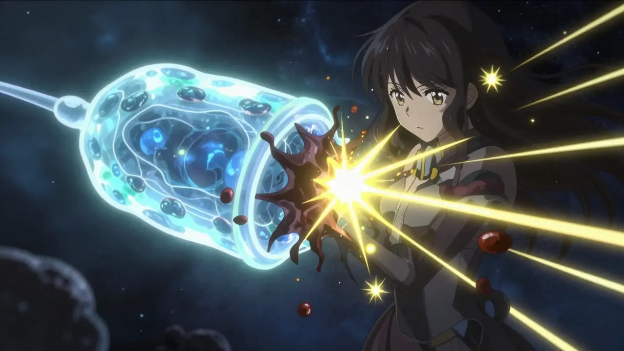 Konzeptuelle Anime-Darstellung einer blockierten Zellpumpe durch Amiodaron.