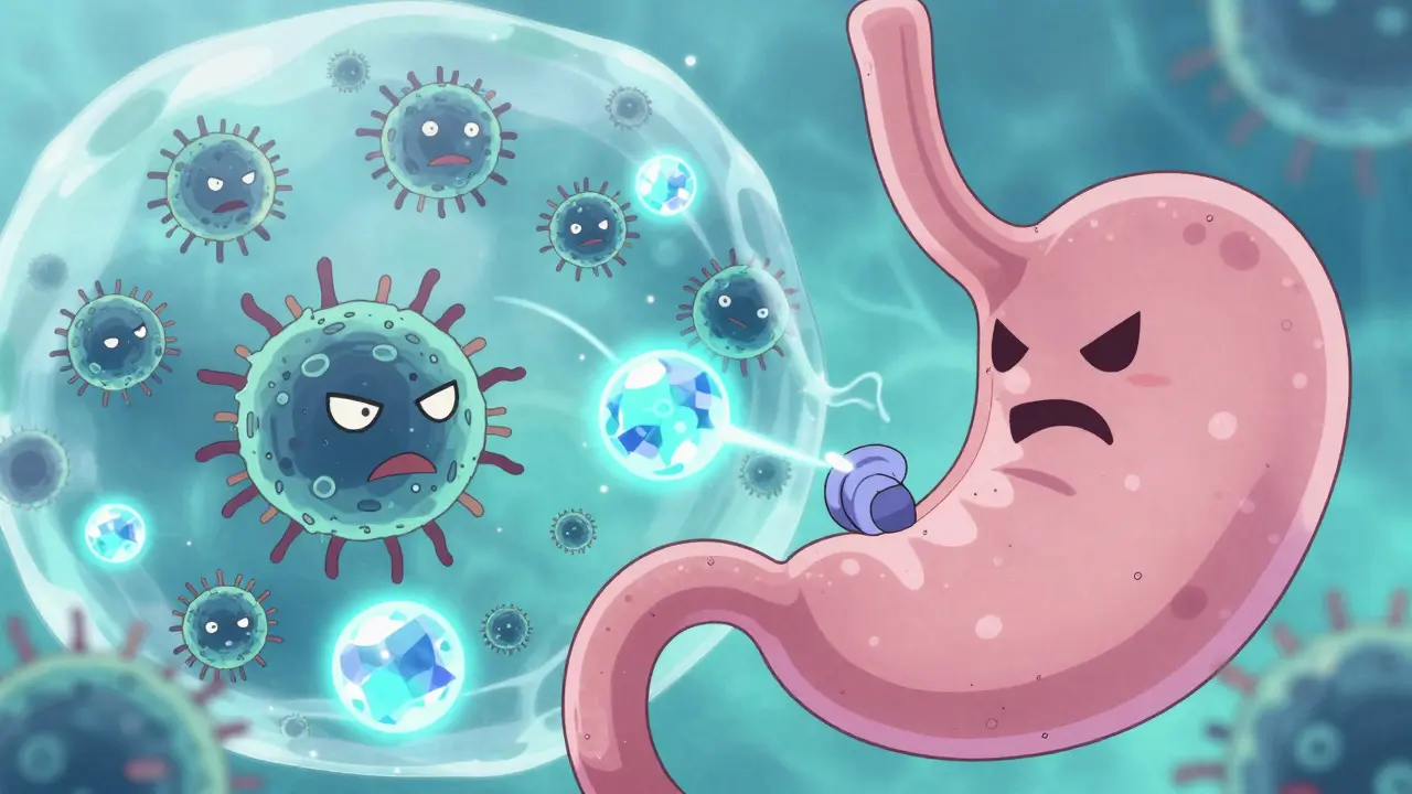 Konzeptuelle Anime-Darstellung von Bakterien und Medikamenten im Magen.