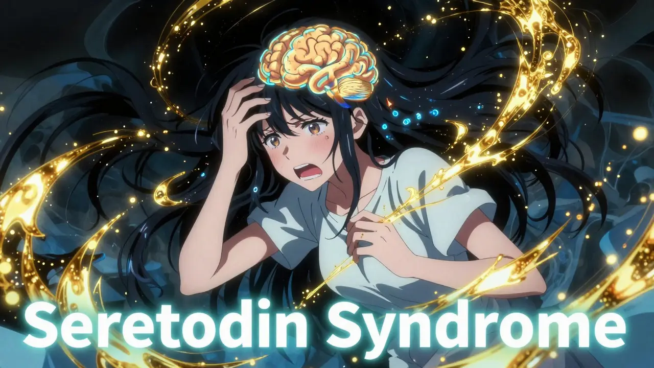 Konzeptuelle Darstellung eines Serotonin-Syndroms mit leuchtenden Partikeln und einer verzweifelten Frau.