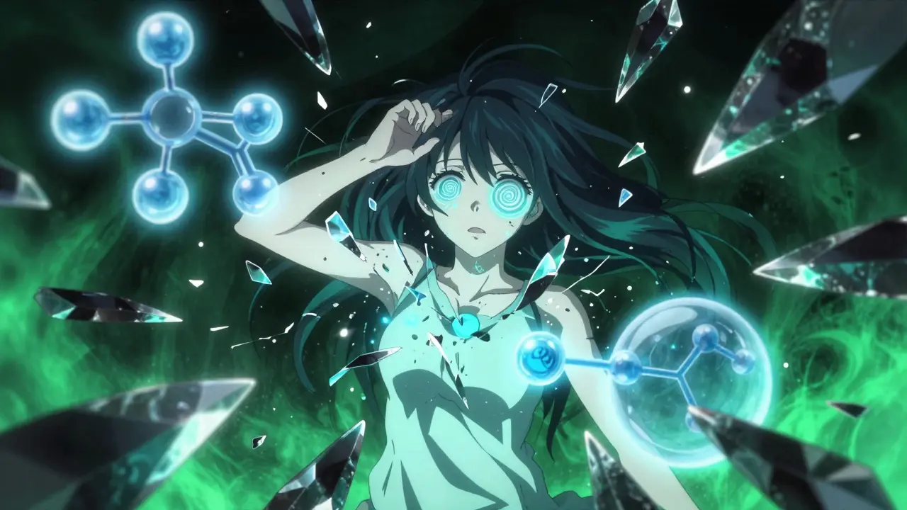 Konzeptuelle Darstellung von biochemischem Chaos im Kopf einer Anime-Frau.