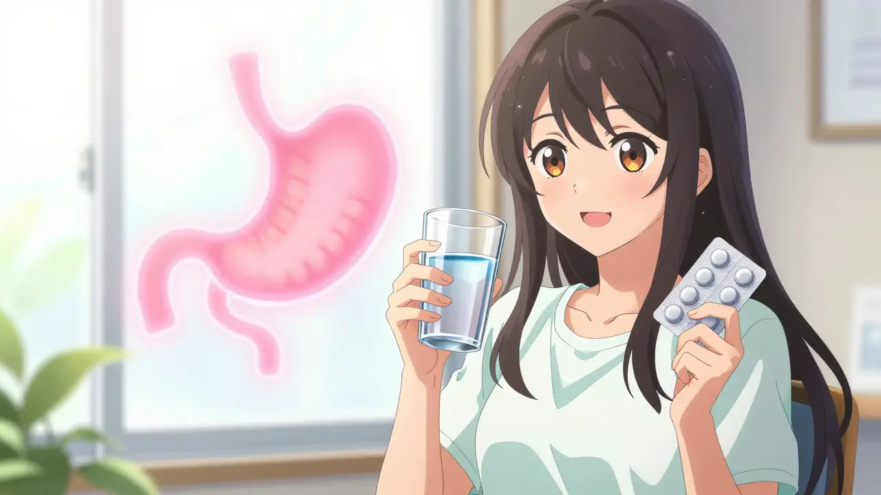 Lächelnde Anime-Frau bei der Medikamenteneinnahme mit Symbol für Heilung.