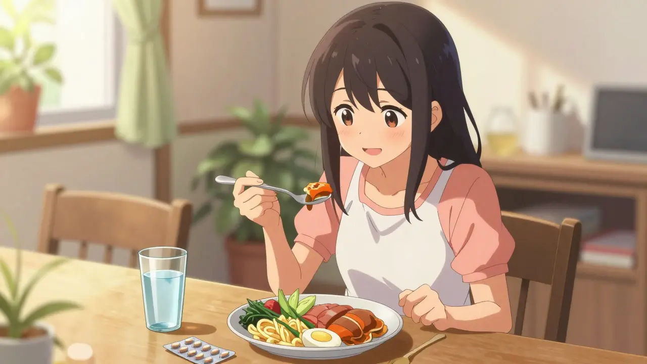 Lächelnde Anime-Frau bei einer gesunden Mahlzeit nach erfolgreichem Absetzen von Medikamenten.