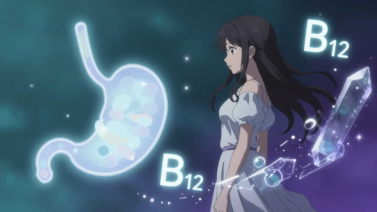 Stilisierte Darstellung einer Frau mit Symbolen für Vitamin- und Magnesiummangel.